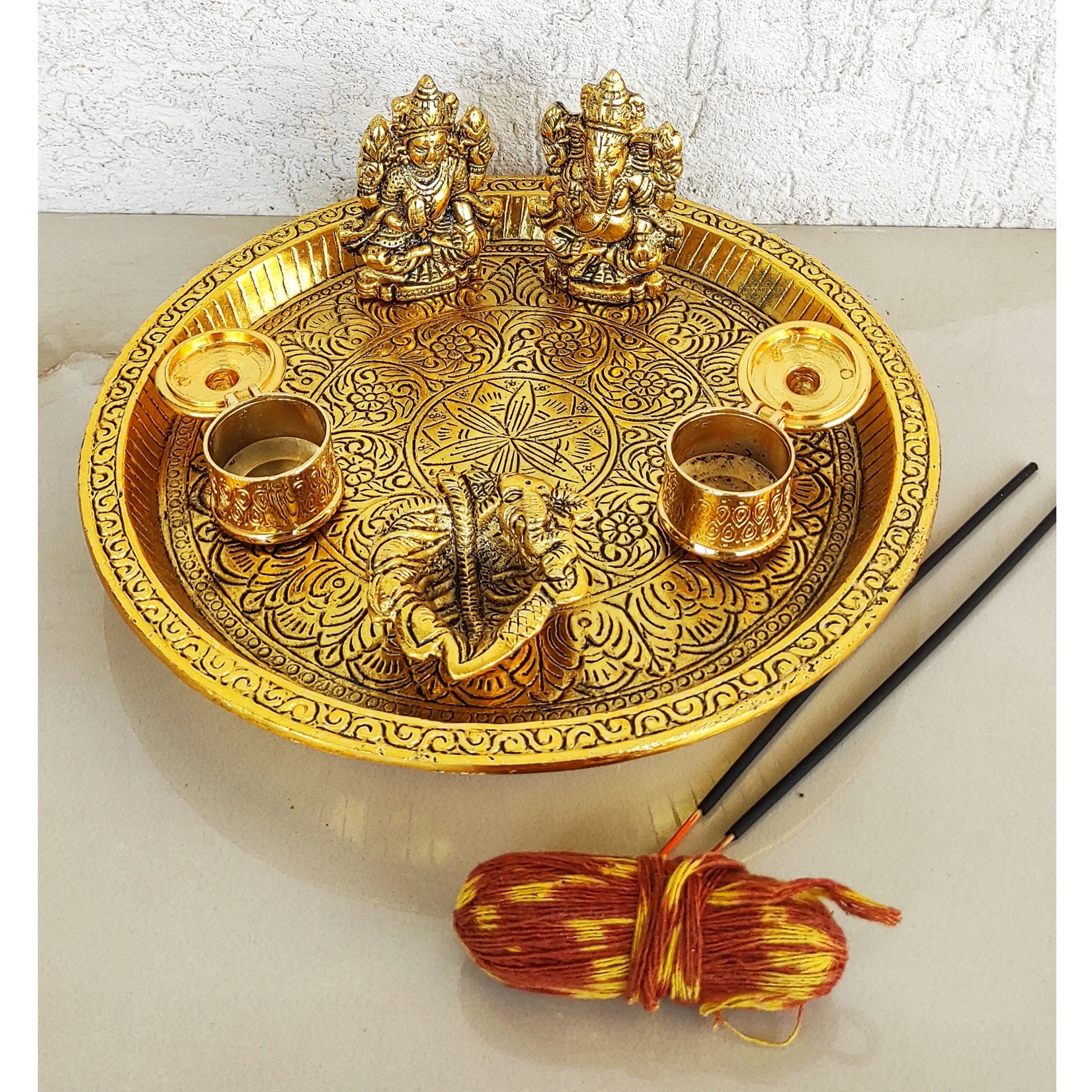 Brass Deep Embossed Design Shree Ganesh & Laxmi 6 Pieces Set Pooja Thali, Width-23.11 cm