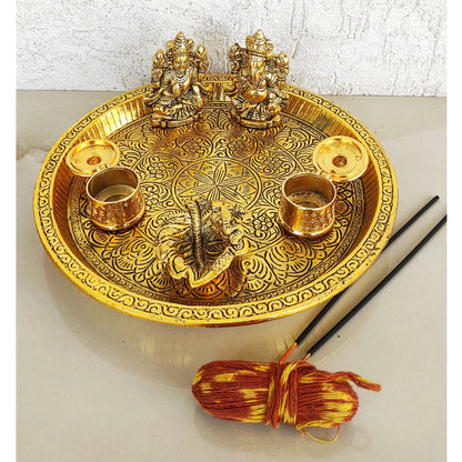 Brass Deep Embossed Design Shree Ganesh & Laxmi 6 Pieces Set Pooja Thali, Width-23.11 cm