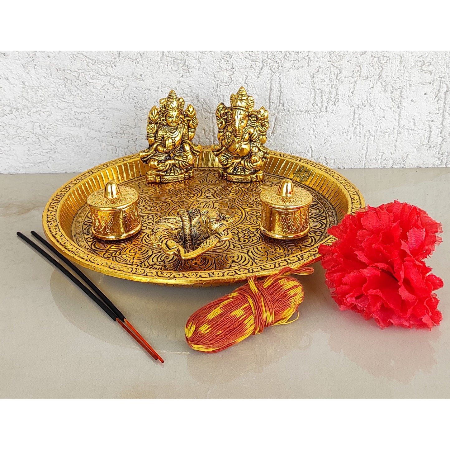 Brass Deep Embossed Design Shree Ganesh & Laxmi 6 Pieces Set Pooja Thali, Width-23.11 cm