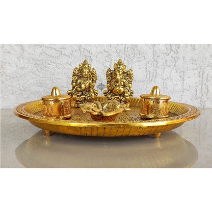 Brass Deep Embossed Design Shree Ganesh & Laxmi 6 Pieces Set Pooja Thali, Width-23.11 cm
