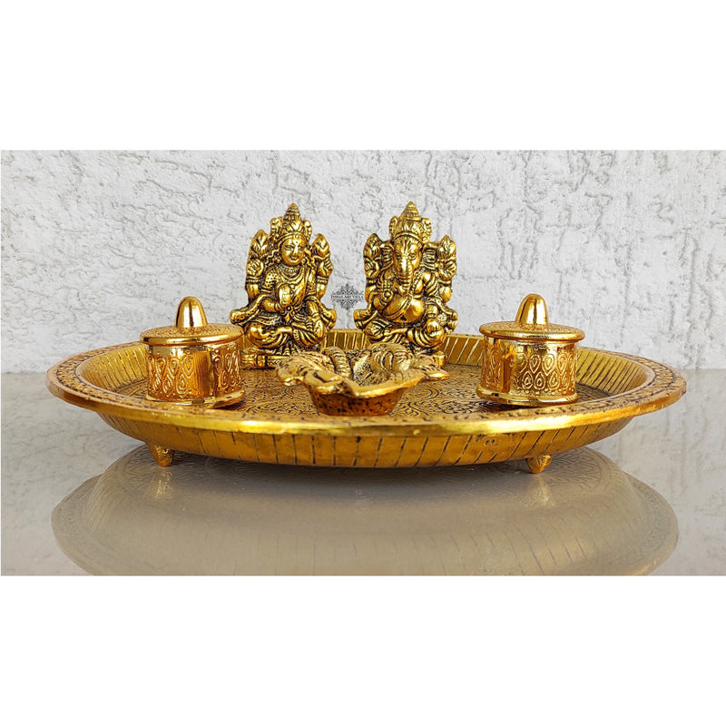Brass Deep Embossed Design Shree Ganesh & Laxmi 6 Pieces Set Pooja Thali, Width-23.11 cm