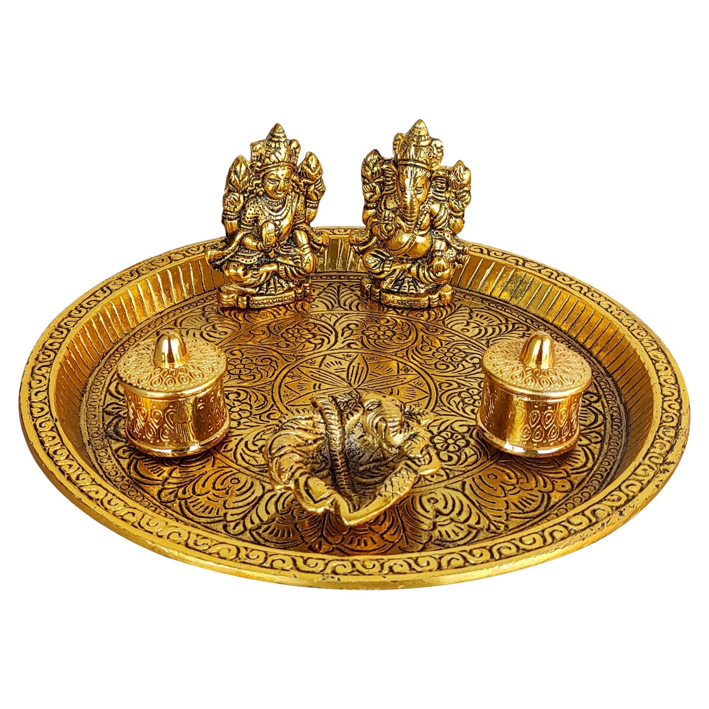 Brass Deep Embossed Design Shree Ganesh & Laxmi 6 Pieces Set Pooja Thali, Width-23.11 cm