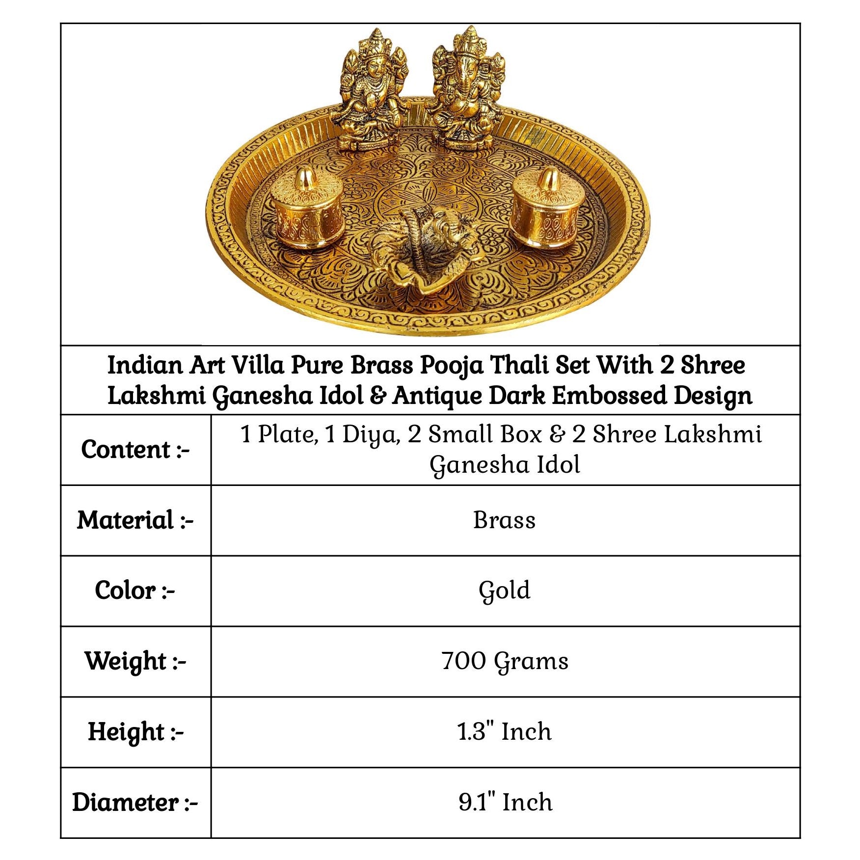 Brass Deep Embossed Design Shree Ganesh & Laxmi 6 Pieces Set Pooja Thali, Width-23.11 cm