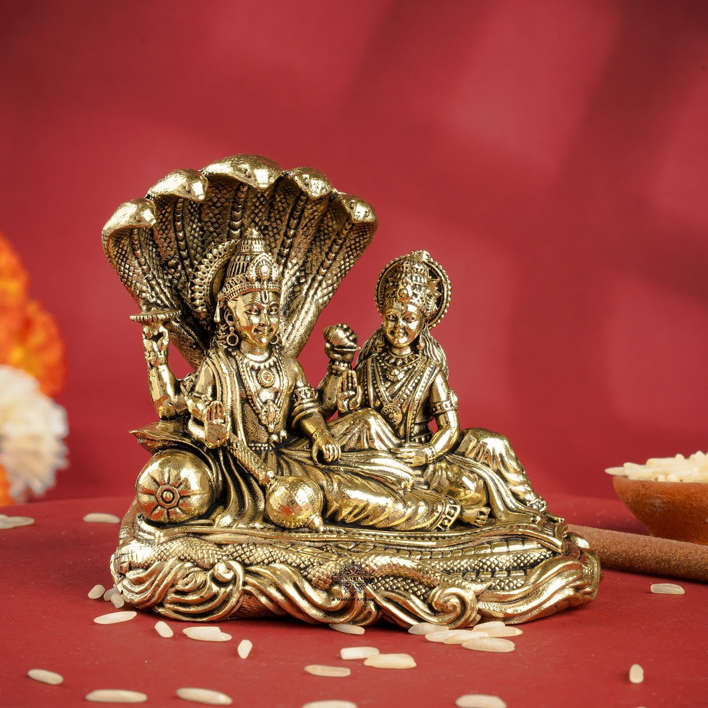 Pure Brass Lord Vishnu Lakshmi Idol with Sheshnaag - 7 CM