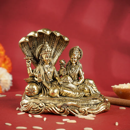 Pure Brass Lord Vishnu Lakshmi Idol with Sheshnaag - 7 CM