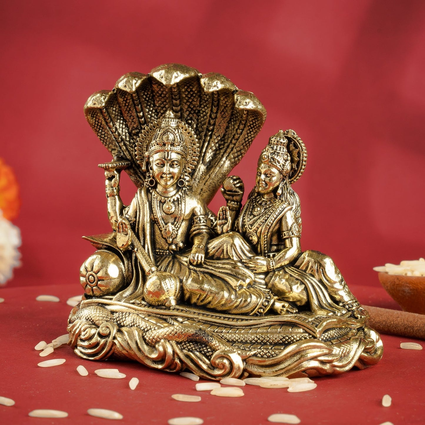 Pure Brass Lord Vishnu Lakshmi Idol with Sheshnaag - 7 CM