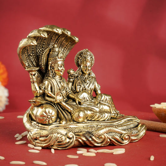 Pure Brass Lord Vishnu Lakshmi Idol with Sheshnaag - 7 CM