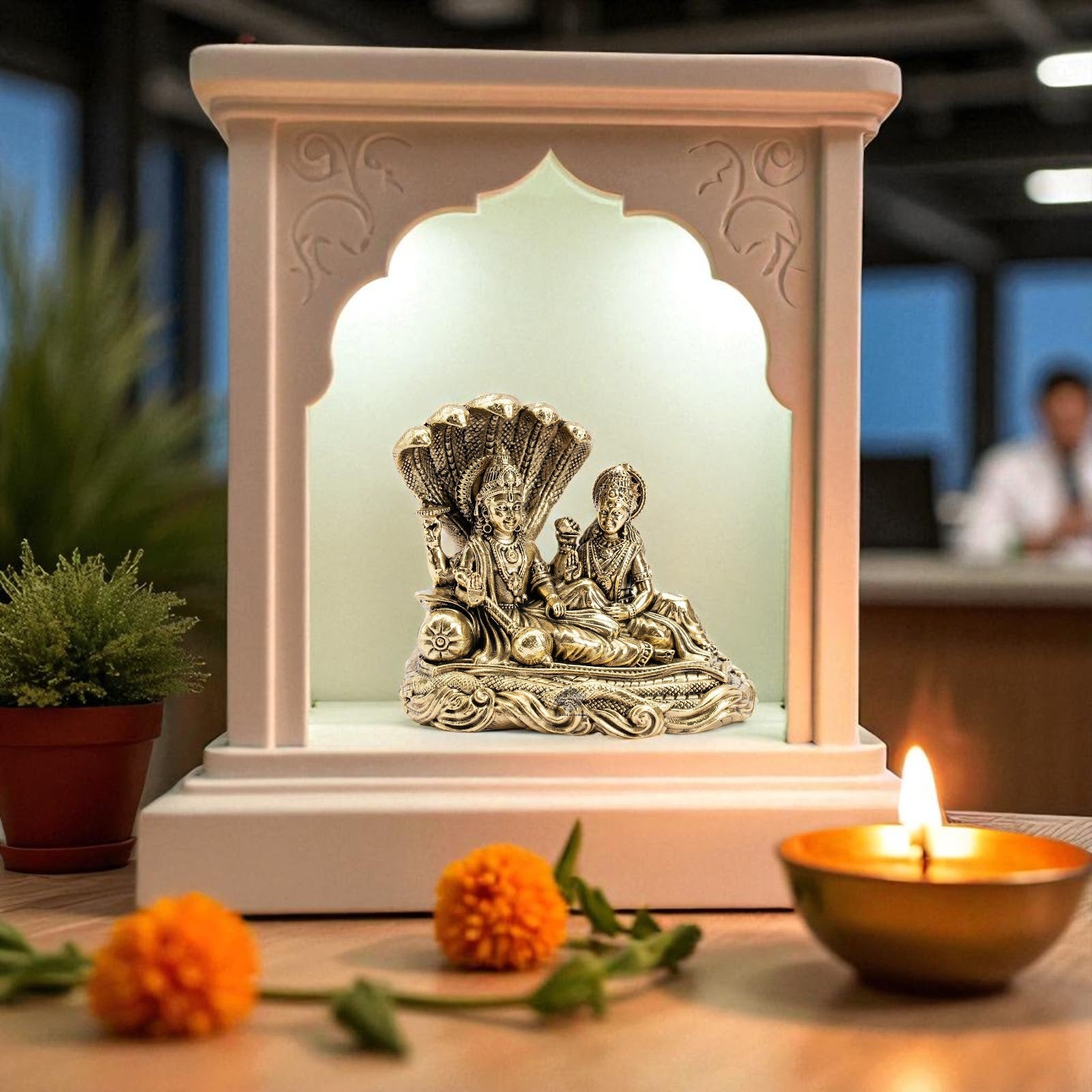 Pure Brass Lord Vishnu Lakshmi Idol with Sheshnaag - 7 CM