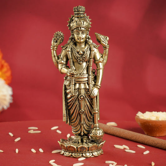 Pure Brass Lord Vishnu JI Idol – Four Armed Standing Statue on Lotus