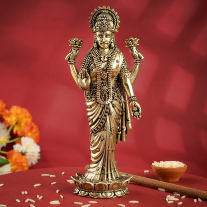 Pure Brass Laxmi JI Standing Murti With Lotus Flower