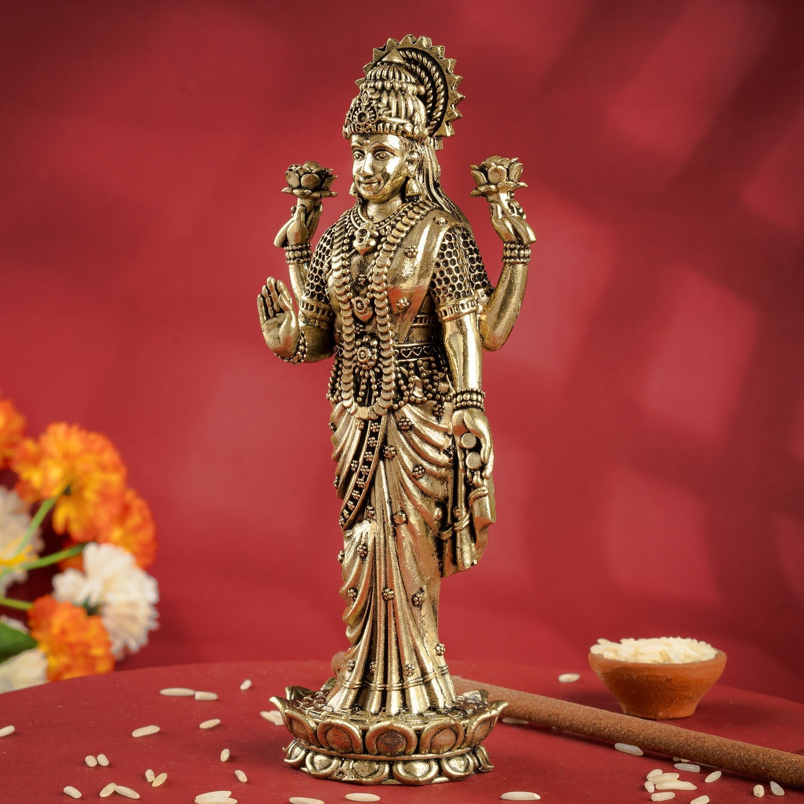 Pure Brass Laxmi JI Standing Murti With Lotus Flower