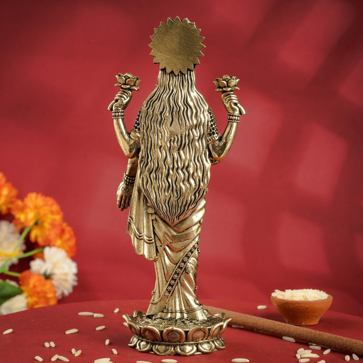 Pure Brass Laxmi JI Standing Murti With Lotus Flower