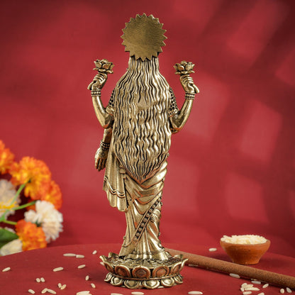 Pure Brass Laxmi JI Standing Murti With Lotus Flower