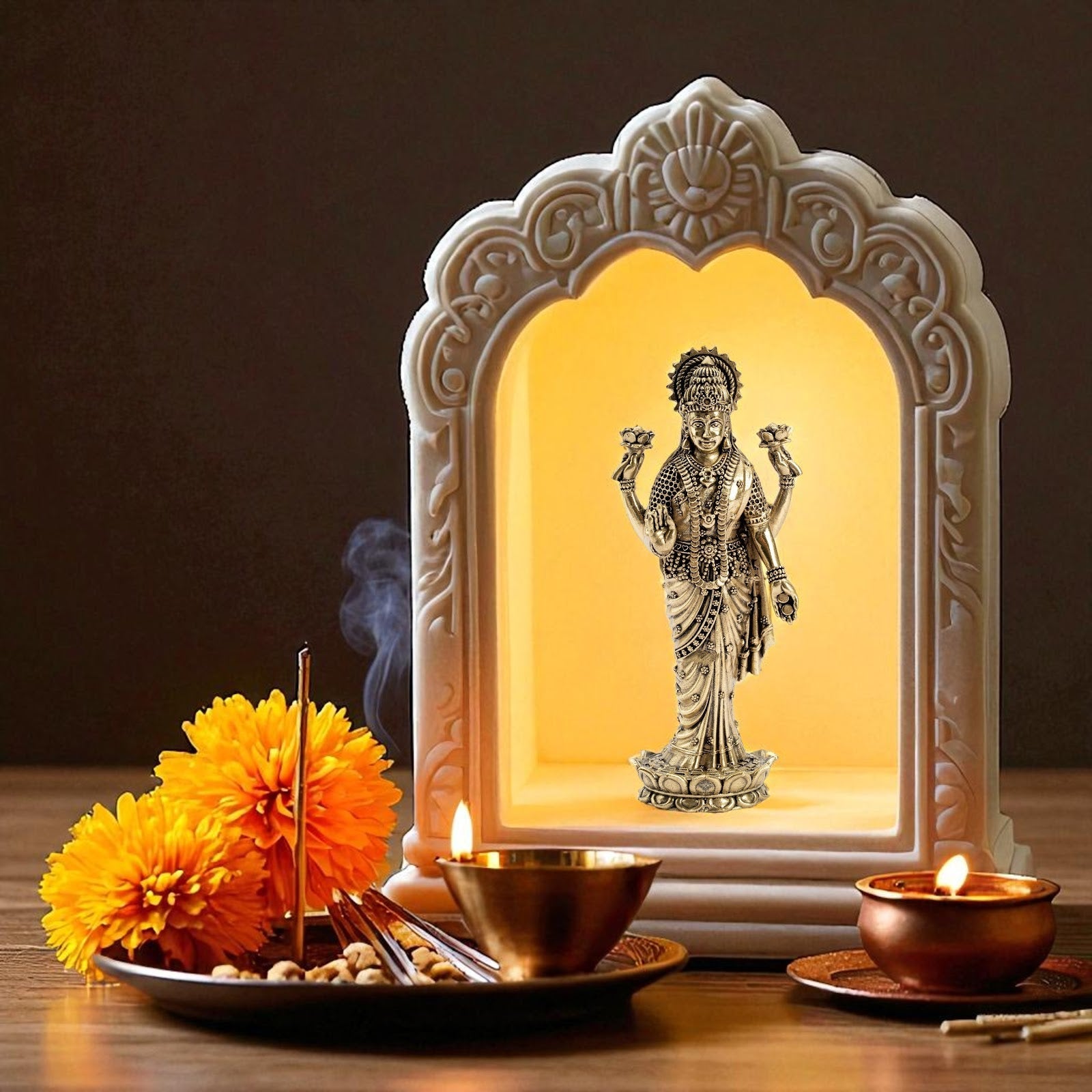 Pure Brass Laxmi JI Standing Murti With Lotus Flower