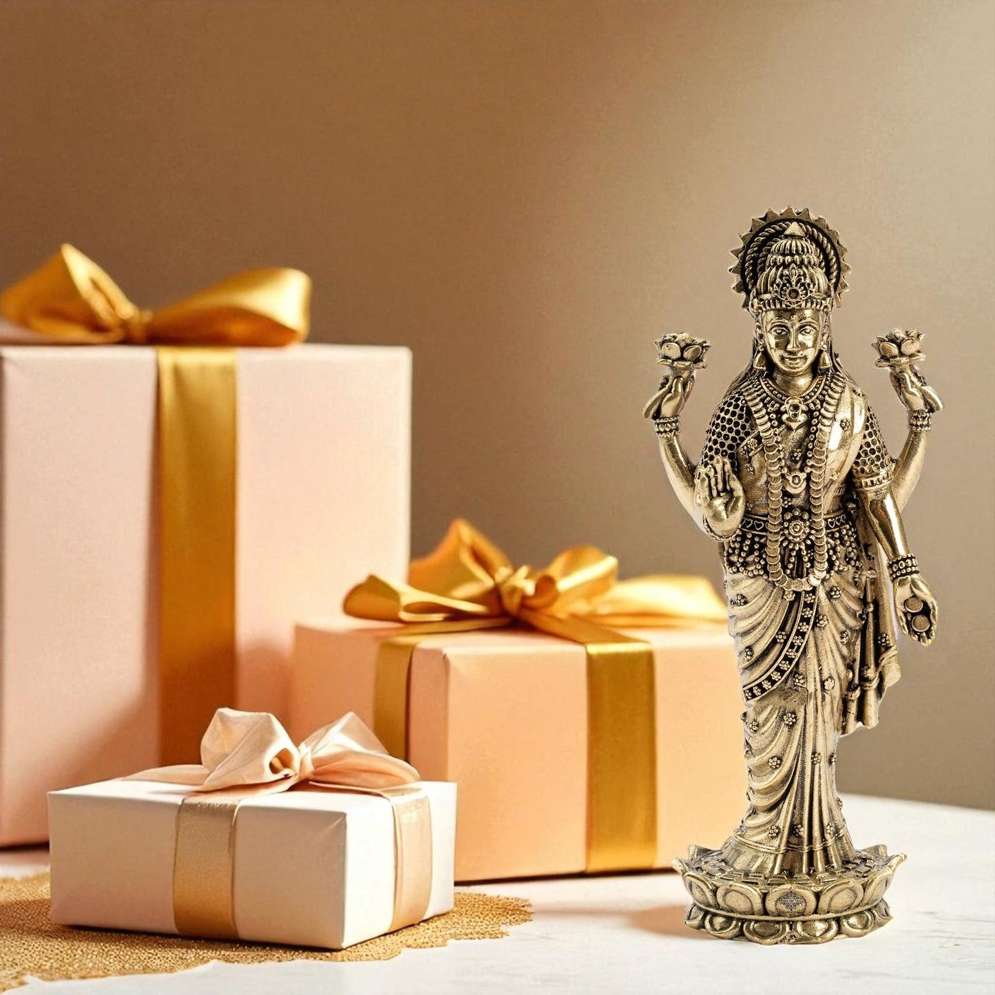 Pure Brass Laxmi JI Standing Murti With Lotus Flower