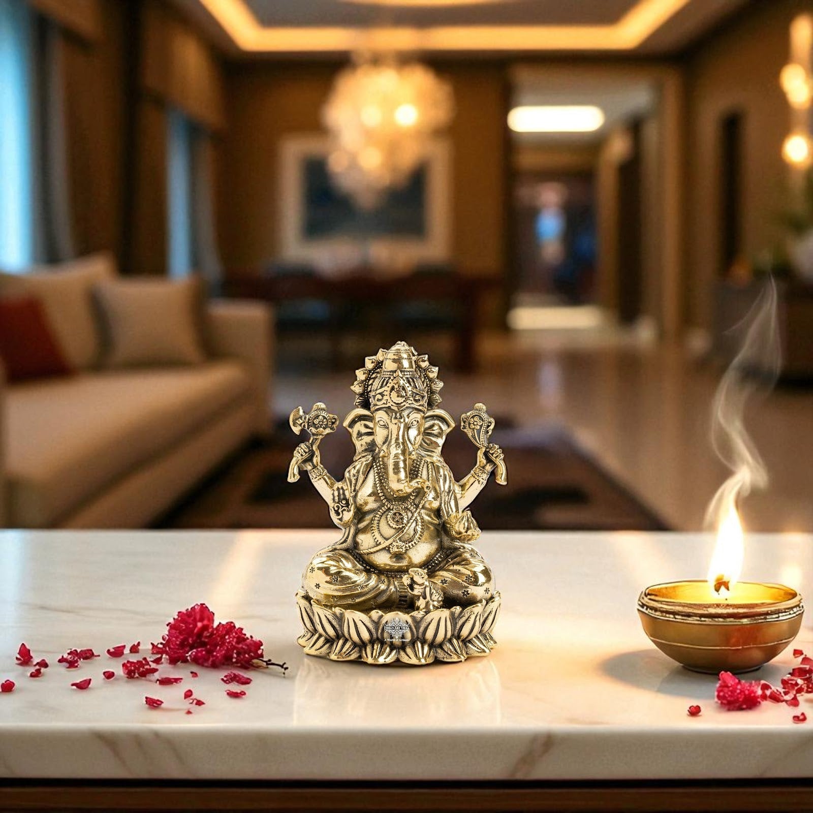 Pure Brass Chaturbhuja Ganesh Ji Murti With Pasha and Parashu