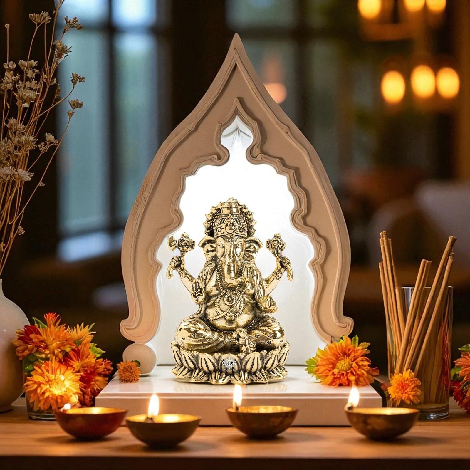 Pure Brass Chaturbhuja Ganesh Ji Murti With Pasha and Parashu