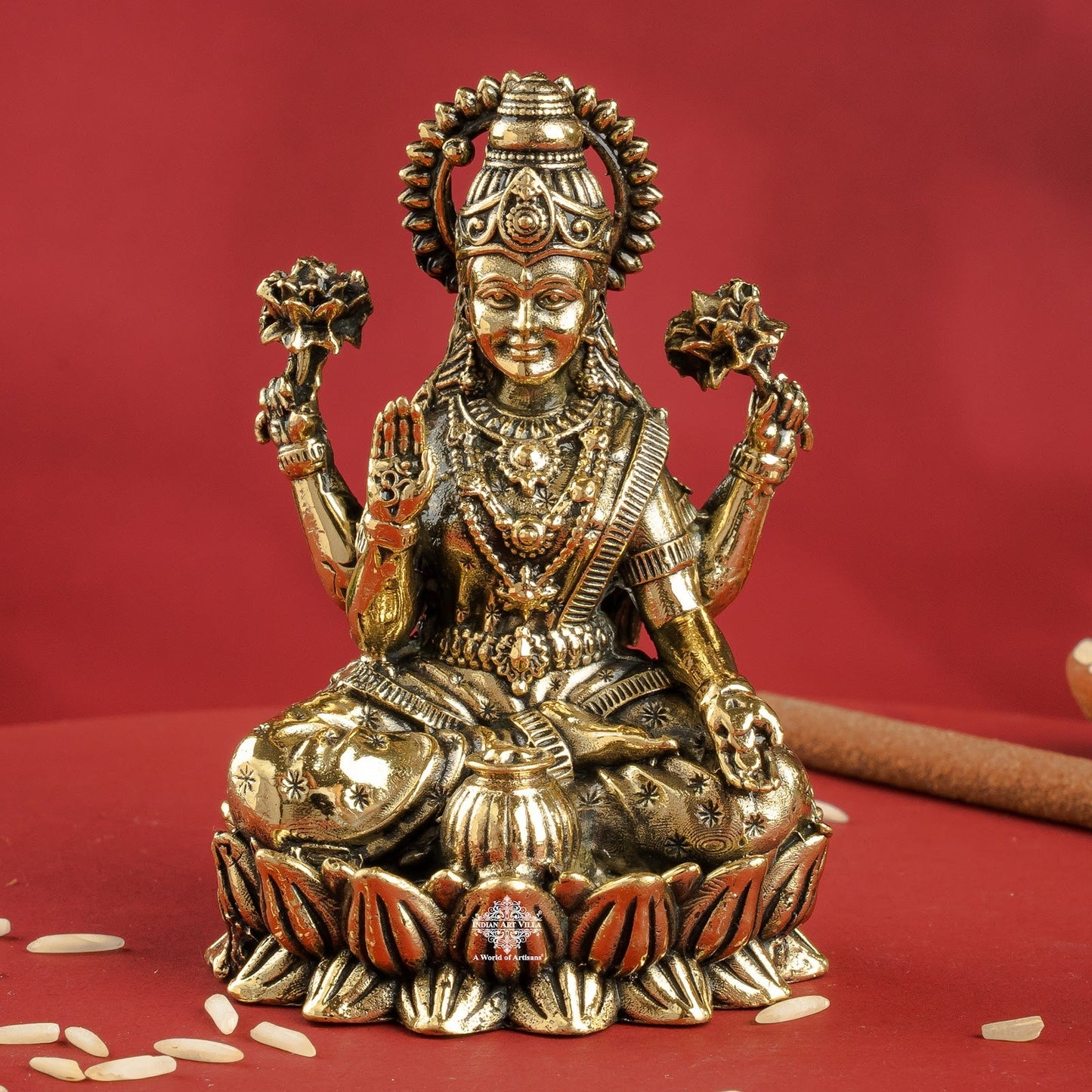 Pure Brass Laxmi Ji Sitting On Kamal Murtii- Goddess of Wealth, Prosperity & Blessings