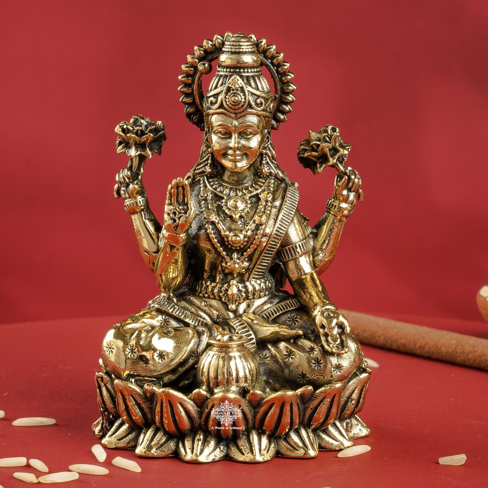 Pure Brass Laxmi Ji Sitting On Kamal Murtii- Goddess of Wealth, Prosperity & Blessings