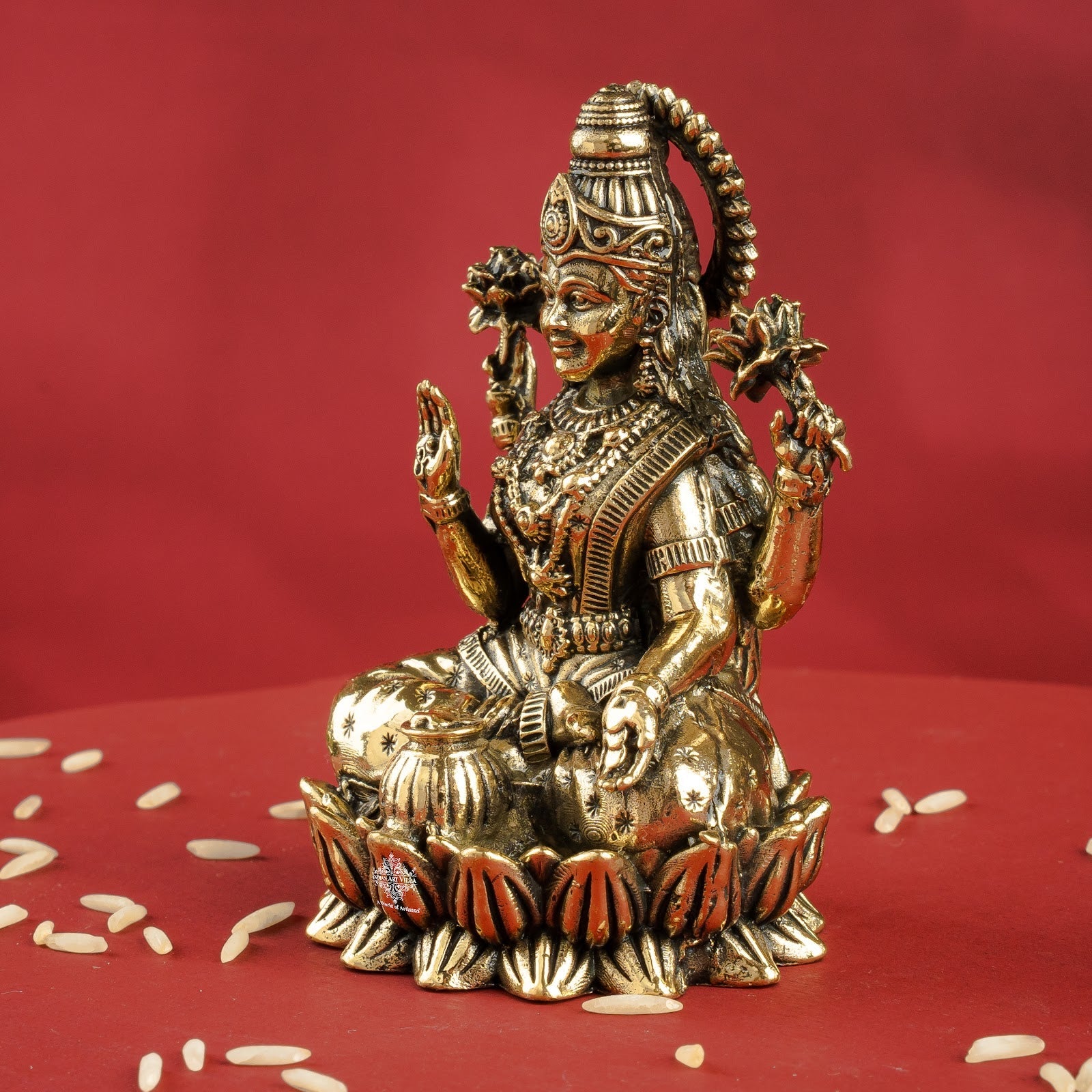 Pure Brass Laxmi Ji Sitting On Kamal Murtii- Goddess of Wealth, Prosperity & Blessings