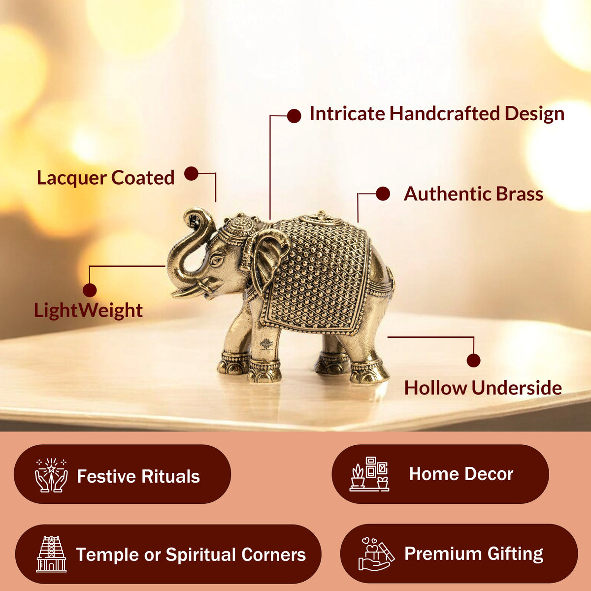Brass Elephant Showpiece with Raised Trunk