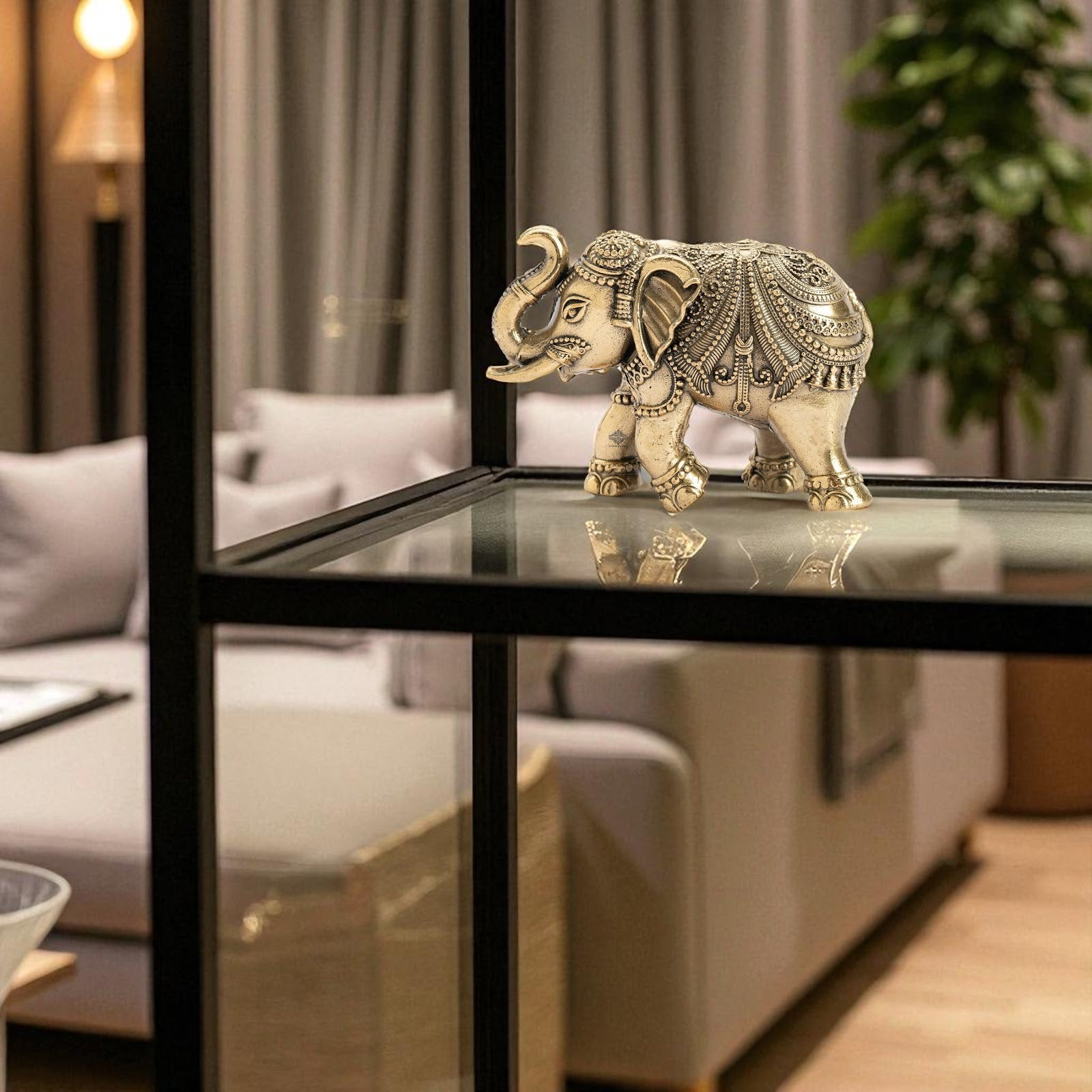 Brass Elephant Showpiece with Raised Trunk – Symbol of Prosperity