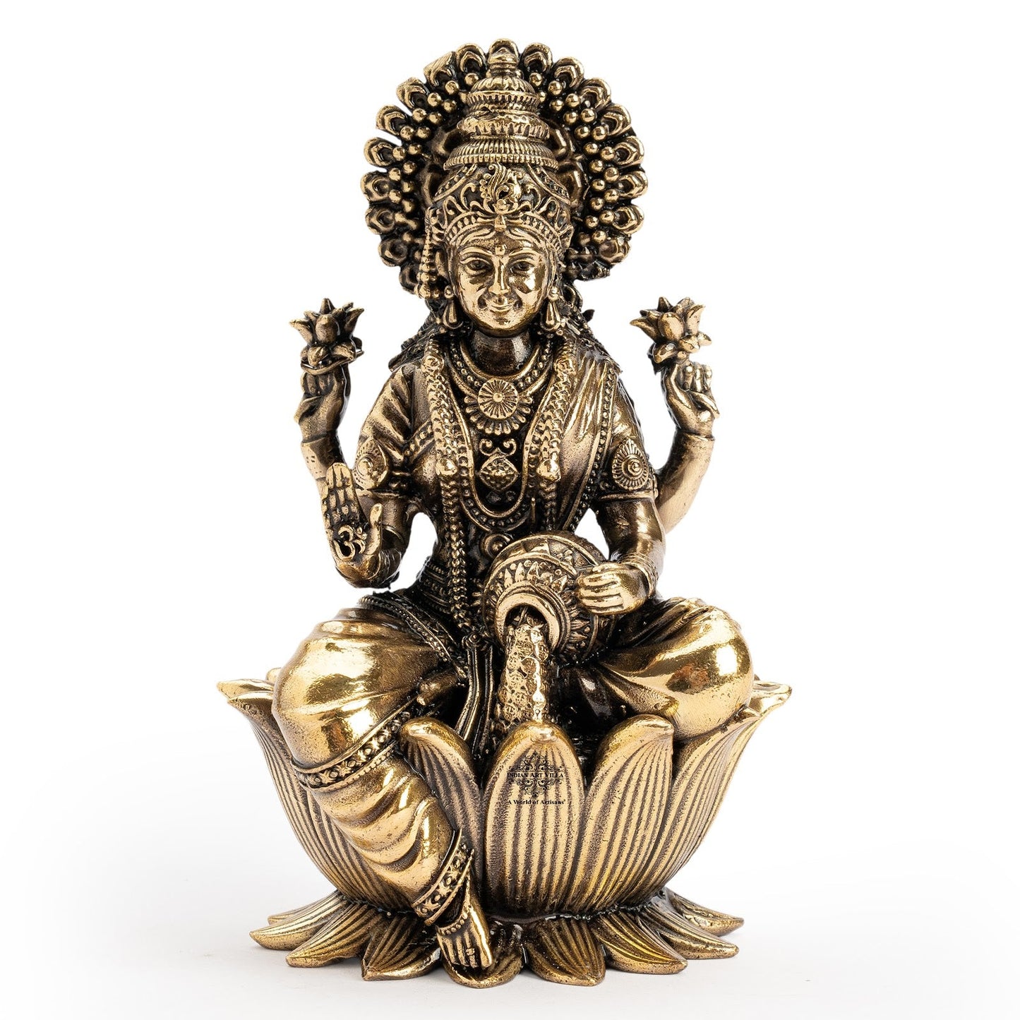 Pure Brass Goddess Laxmi Ji Murti Seated on Lotus