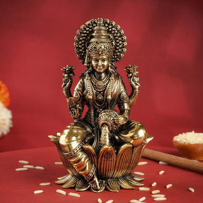 Pure Brass Goddess Laxmi Ji Murti Seated on Lotus