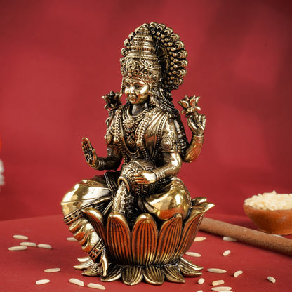 Pure Brass Goddess Laxmi Ji Murti Seated on Lotus