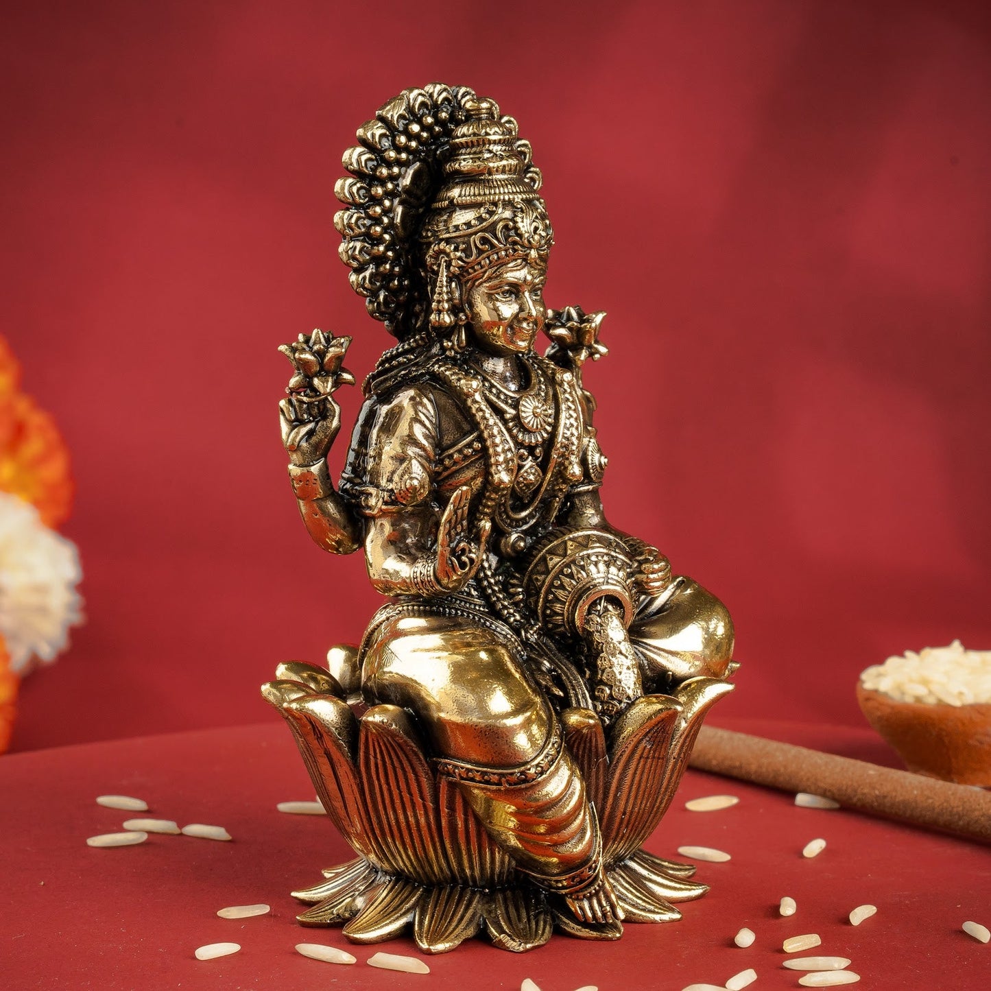Pure Brass Goddess Laxmi Ji Murti Seated on Lotus