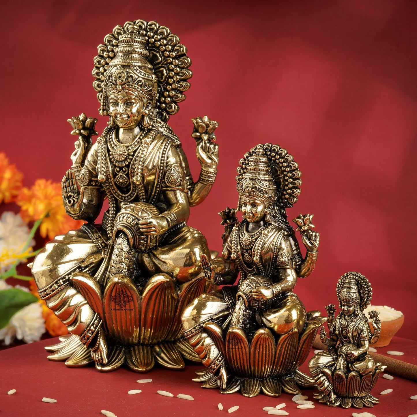 Pure Brass Goddess Laxmi Ji Murti Seated on Lotus
