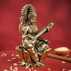 Pure Brass Goddess Saraswati ji Idol- Sitting on Lotus Flower