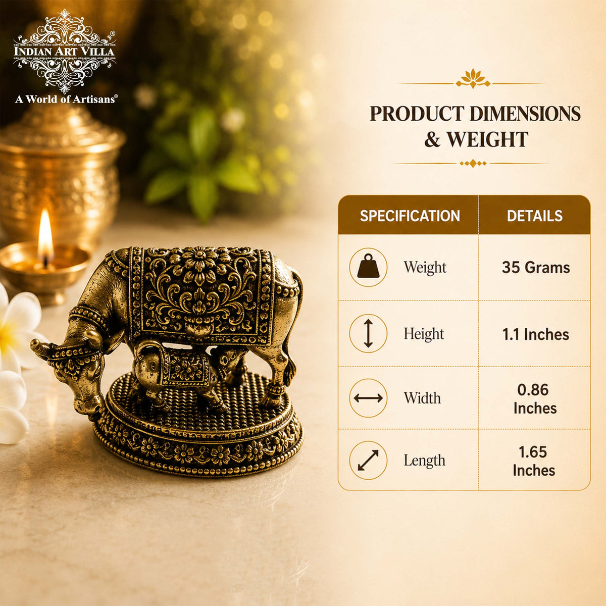 Pure Brass Miniature Kamdhenu Cow with Calf - 2.79 cm