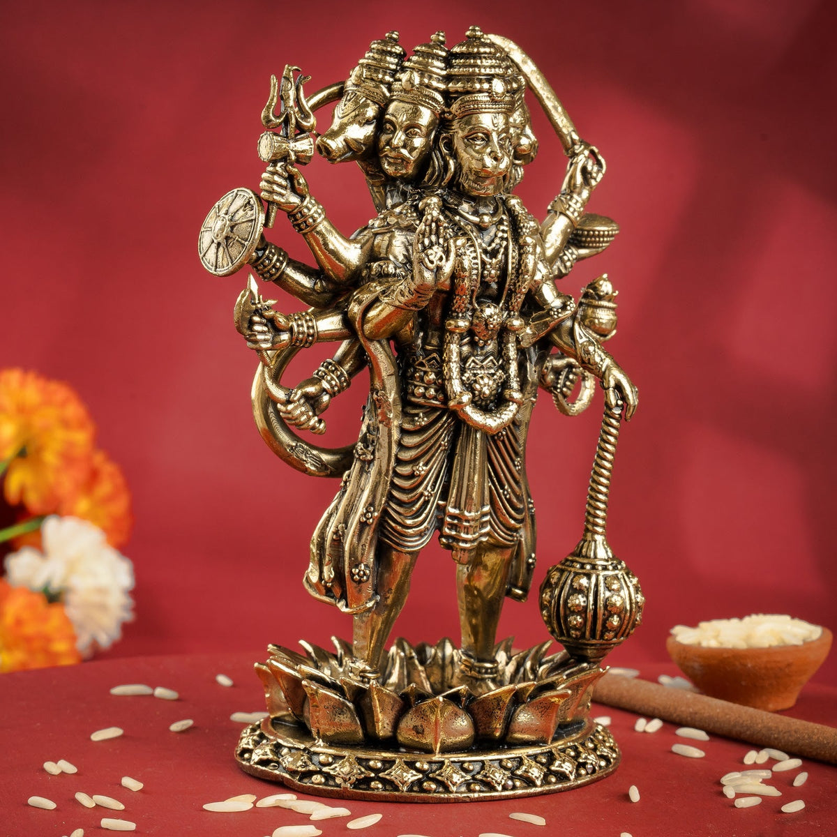 Pure Brass Panchmukhi Hanuman Ji Idol with Weapons Standing Position