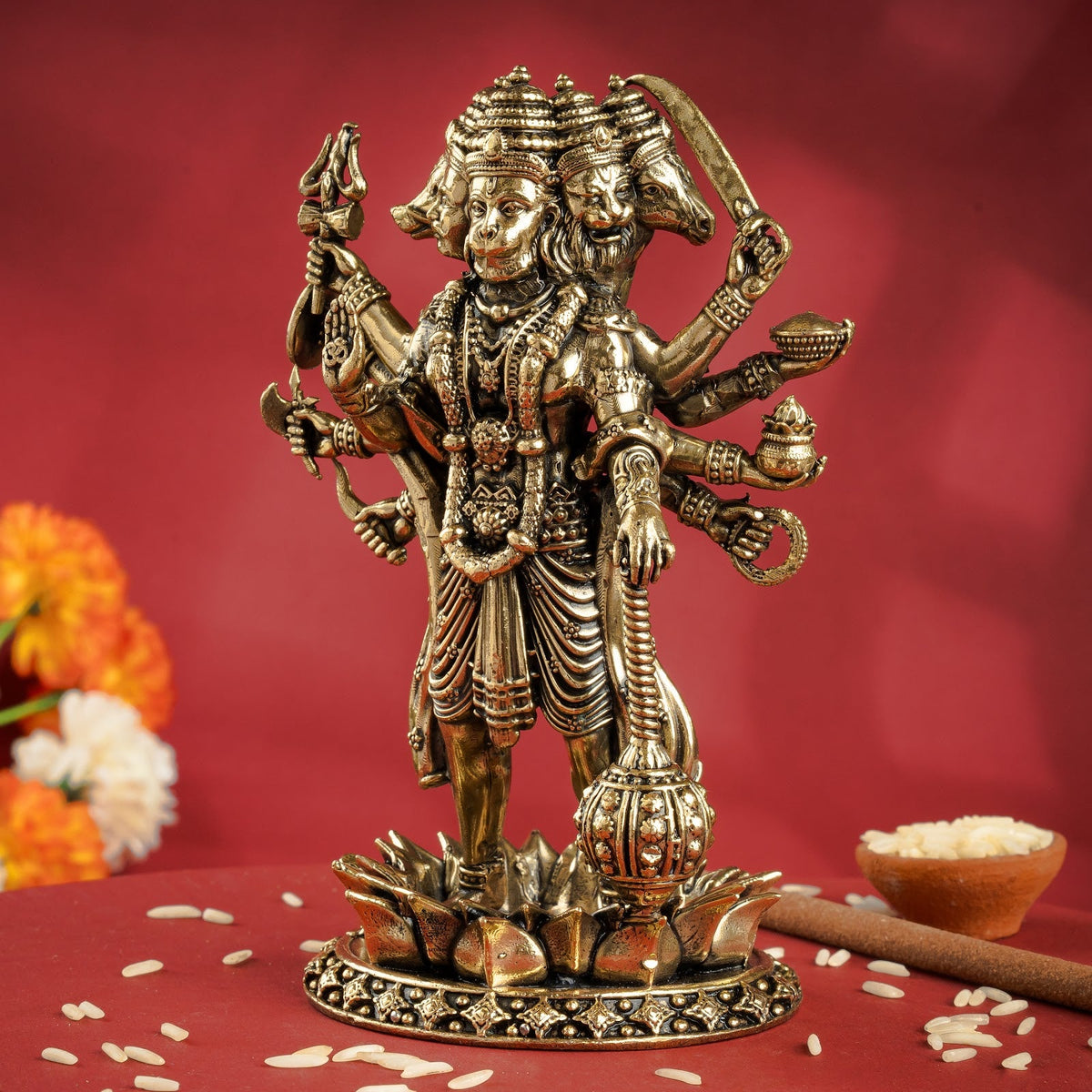 Pure Brass Panchmukhi Hanuman Ji Idol with Weapons Standing Position