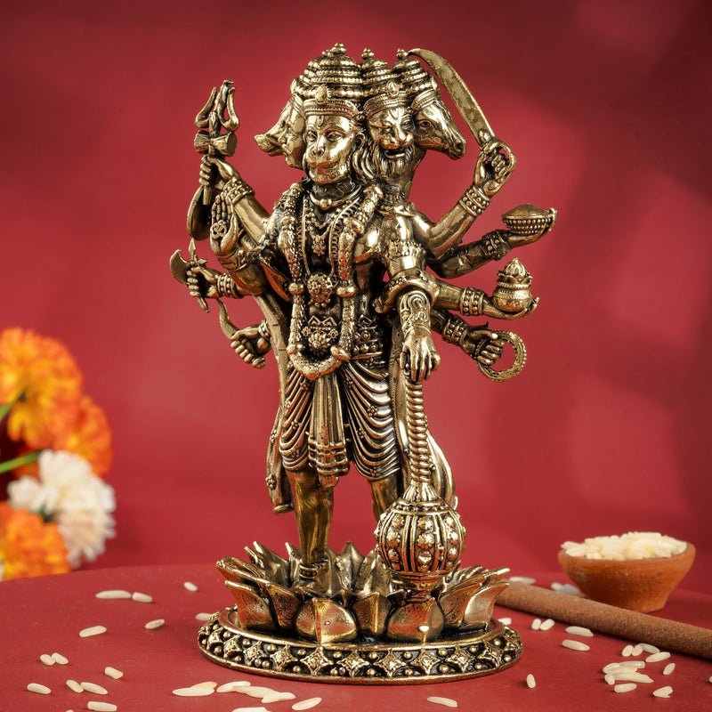 Pure Brass Panchmukhi Hanuman Ji Idol with Weapons Standing Position