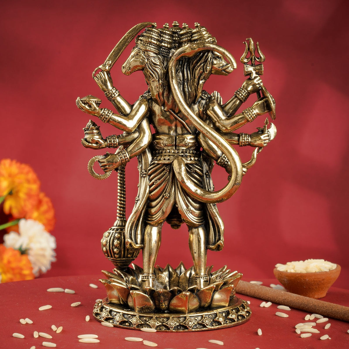 Pure Brass Panchmukhi Hanuman Ji Idol with Weapons Standing Position