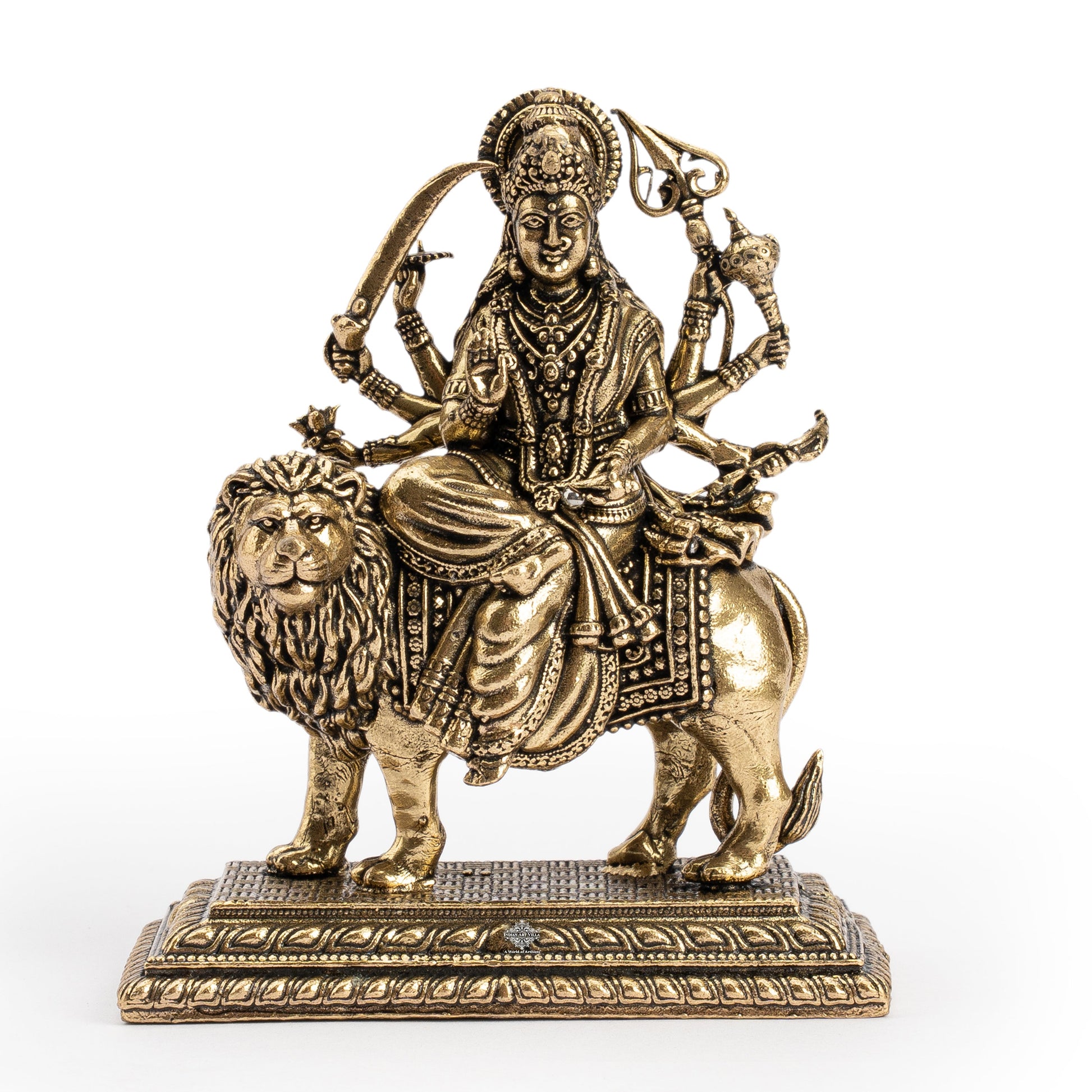 Pure Brass Durga Maa Sitting on Lion with Divine Weapons