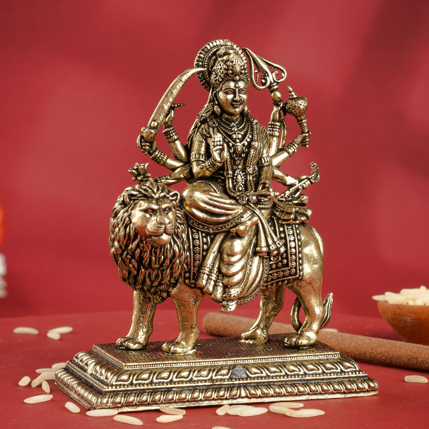 Pure Brass Durga Maa Sitting on Lion with Divine Weapons