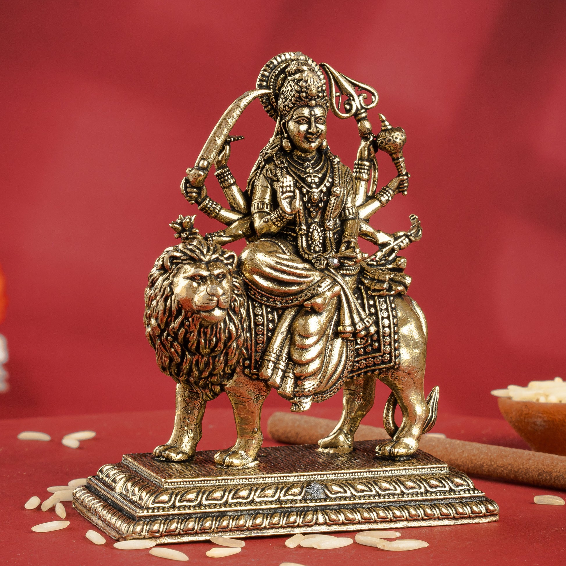 Pure Brass Durga Maa Sitting on Lion with Divine Weapons