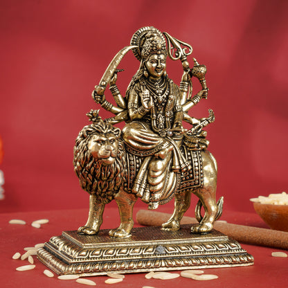 Pure Brass Durga Maa Sitting on Lion with Divine Weapons