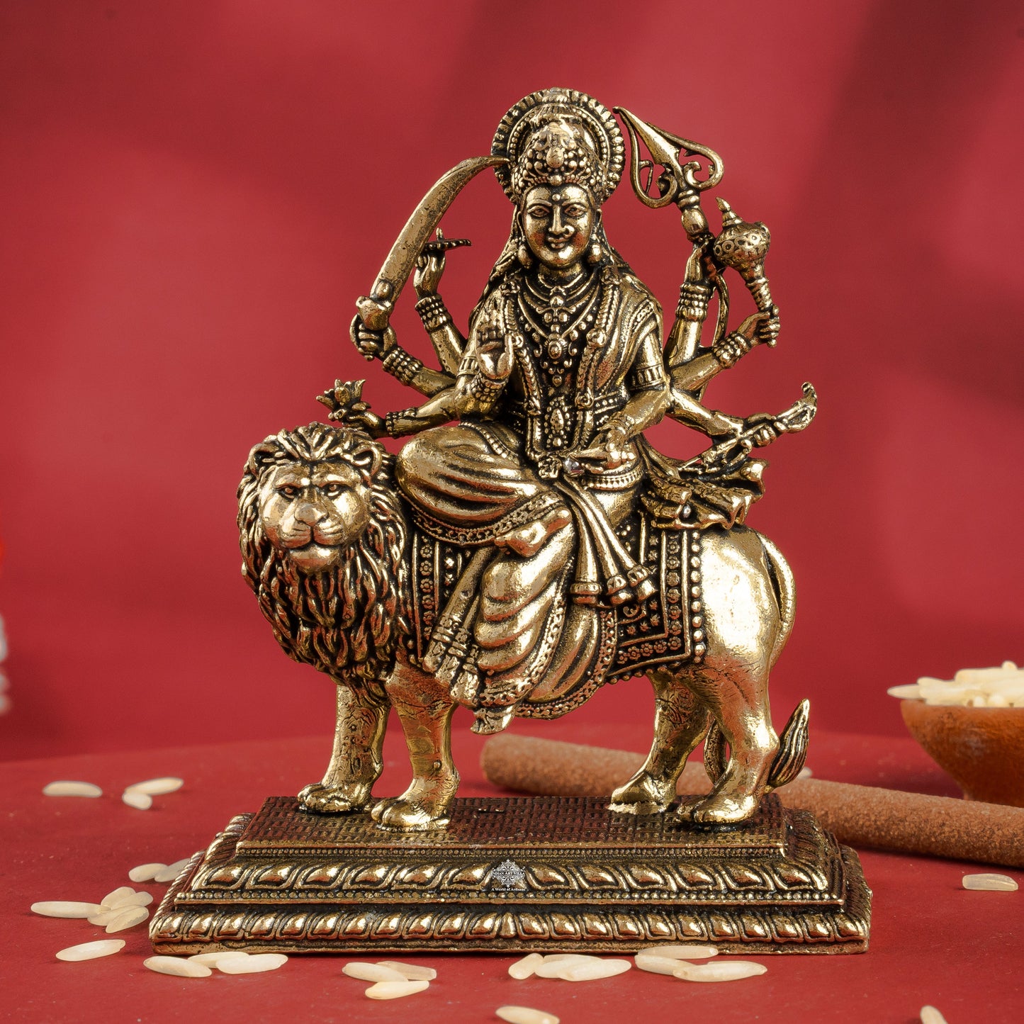 Pure Brass Durga Maa Sitting on Lion with Divine Weapons