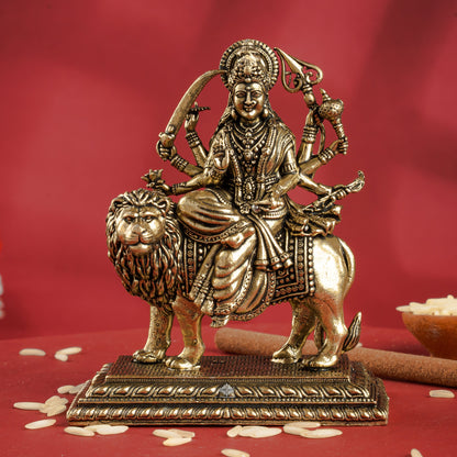 Pure Brass Durga Maa Sitting on Lion with Divine Weapons