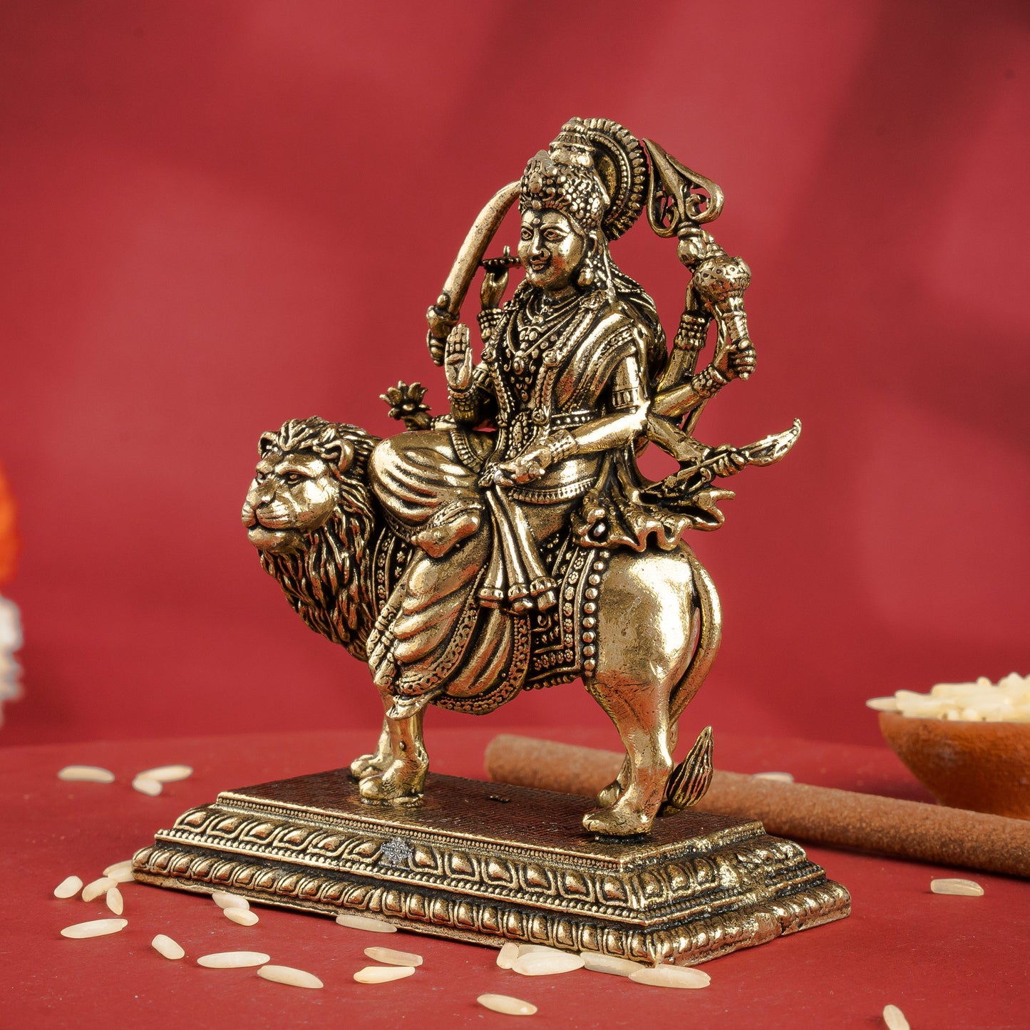 Pure Brass Durga Maa Sitting on Lion with Divine Weapons