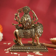Pure Brass Durga Maa Sitting on Lion with Divine Weapons