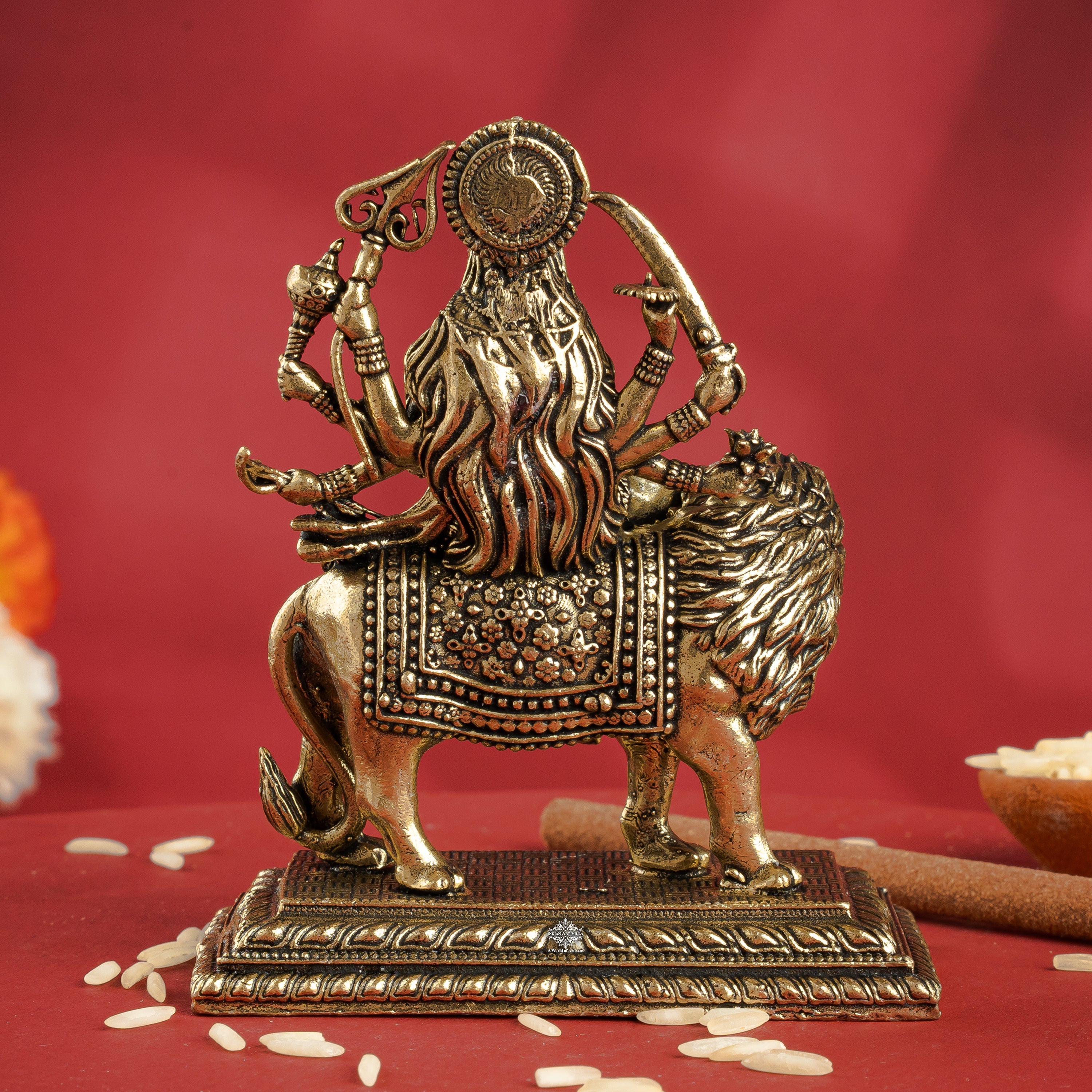 Pure Brass Durga Maa Sitting on Lion with Divine Weapons