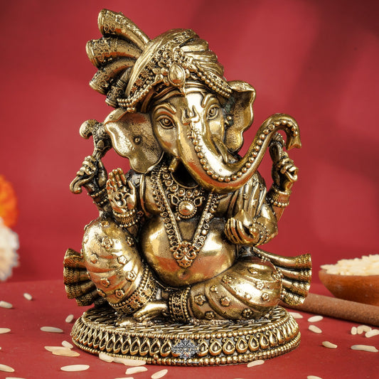 Pure Brass Ganesh Ji Statue With Turban and Modak