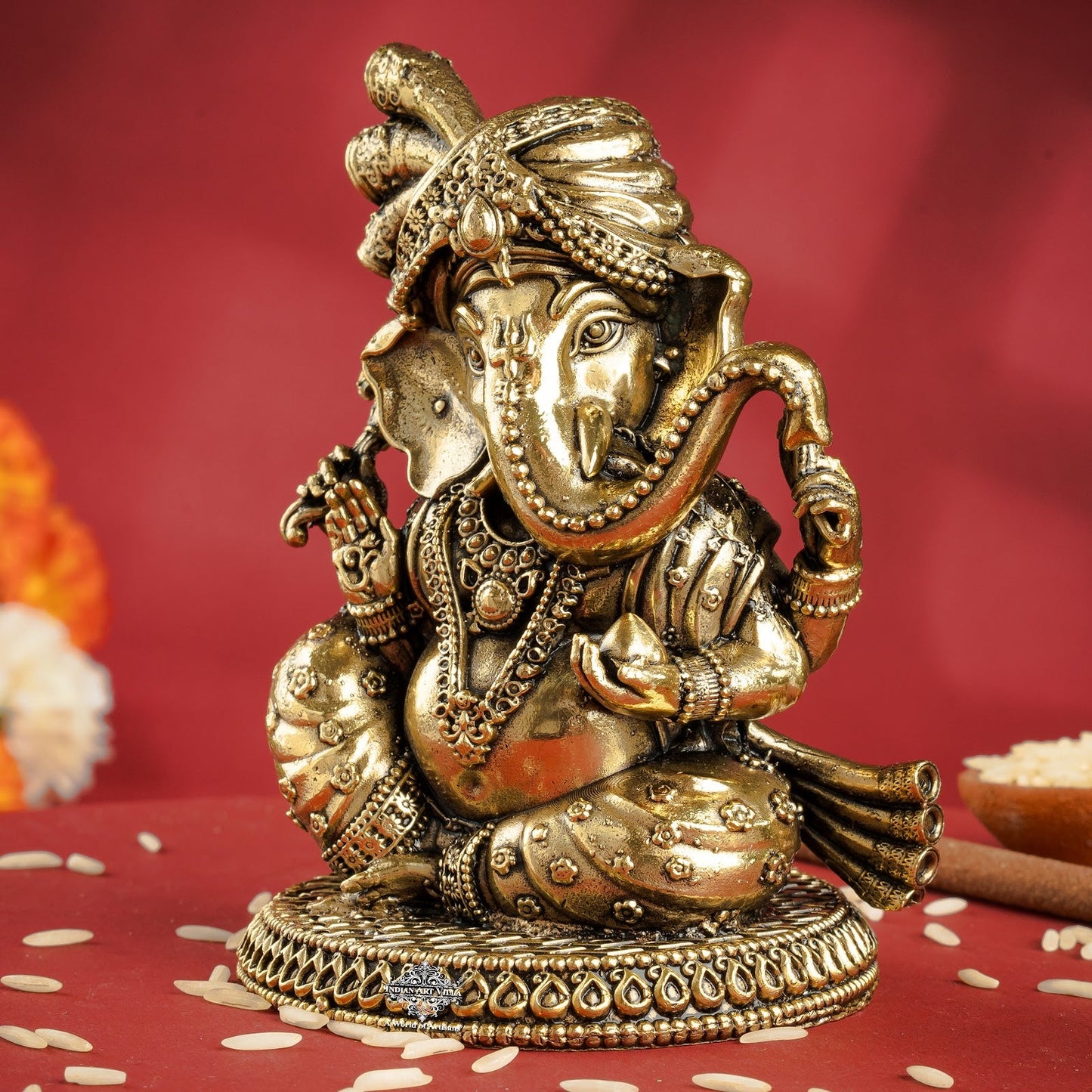 Pure Brass Ganesh Ji Statue With Turban and Modak