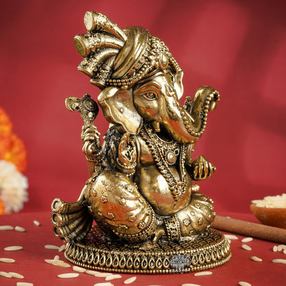Pure Brass Ganesh Ji Statue With Turban and Modak