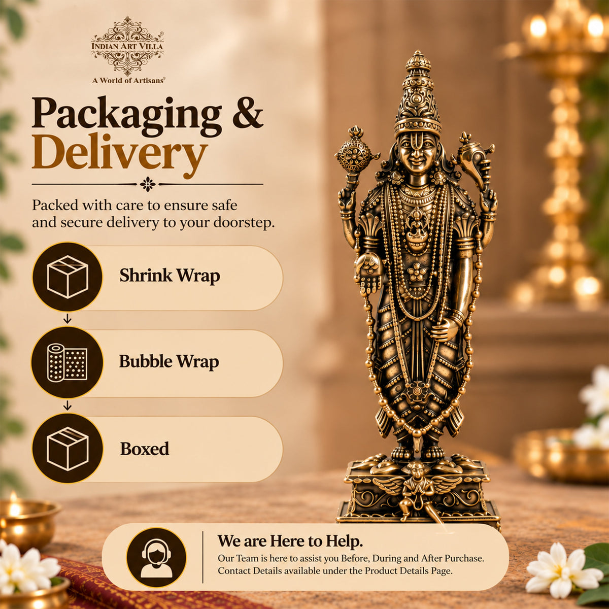 Brass Tirupati Balaji Murti Idol - Idol of Lord Venkateswara - 10.16cm
